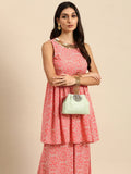 All About You Women Peach Pin & White Bandhani Print Pleated Sequinned Kurti with Palazzos