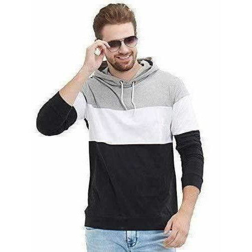 Men's Stylish Full Sleeve Grey, White, Black Hooded T-Shirt