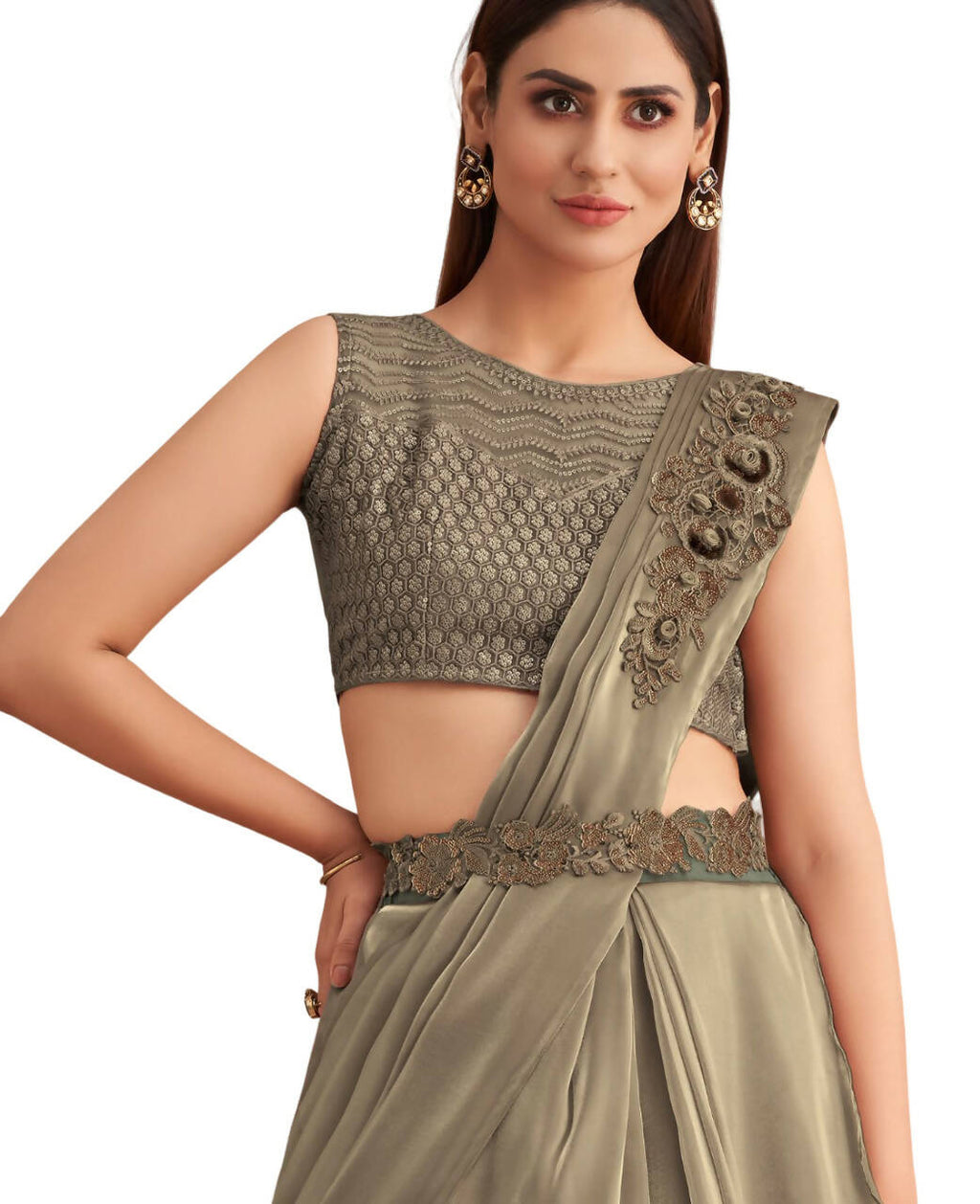 Green Satin Embroidered Ready To Wear Saree With Unstitched Blouse Piece - Nandika