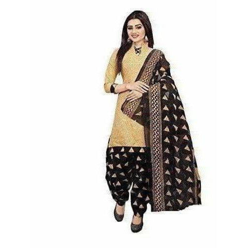 Beige Cotton Printed Unstitched Dress Material