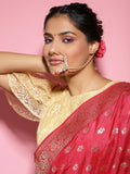 Gold-Polished White Red Kundan Studded Beaded Chained Nose Ring - Ruby Raang