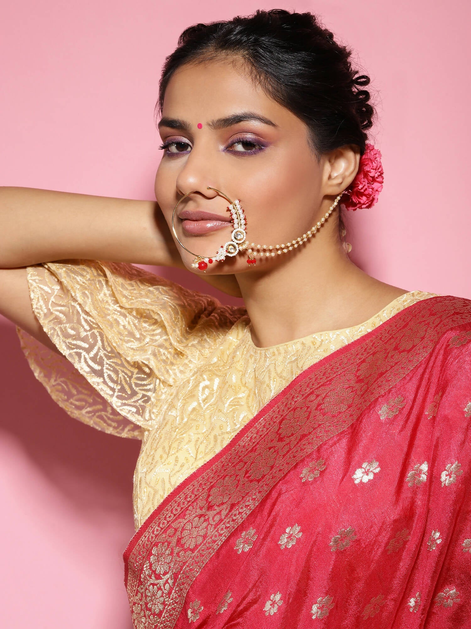Gold-Polished White Red Kundan Studded Beaded Chained Nose Ring - Ruby Raang