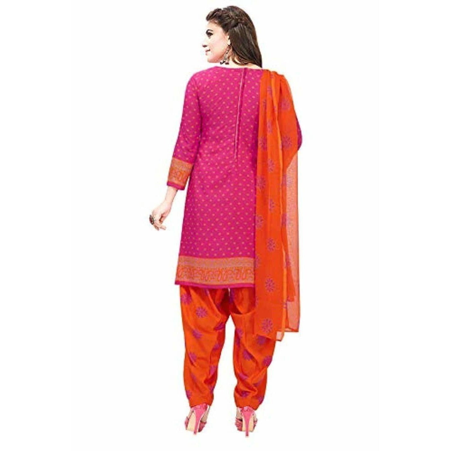 Synthetic Pink & Orange Printed Unstitched Salwar Suits Dress Material with Dupatta