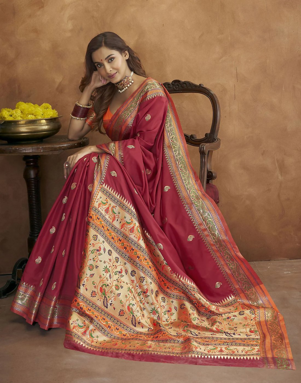 Vastranavya Maroon Soft Paithani Silk Saree With Gold Zari Weaving Motifs With Matching Blouse Fabric