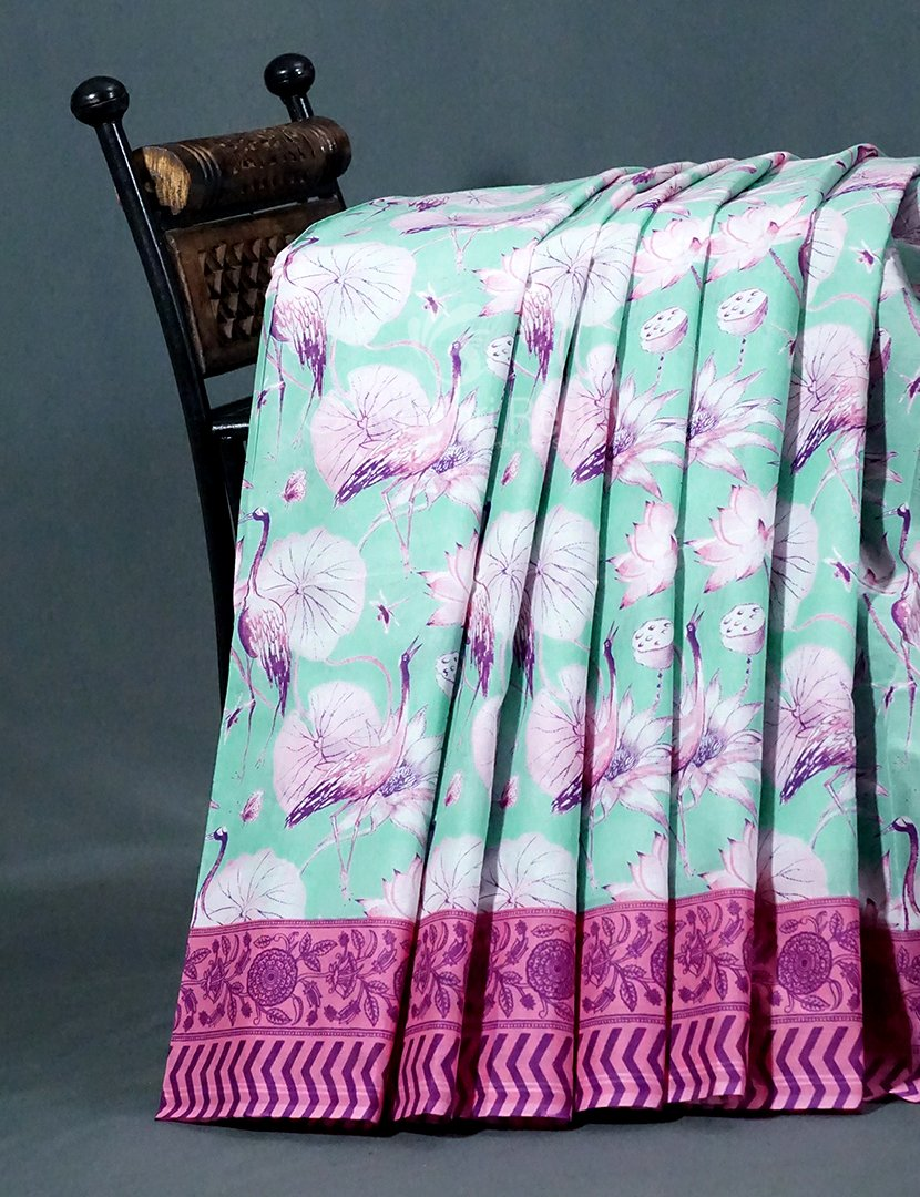 Block Print Mint Blue Coloured Mulmul Cotton Saree By Gayathri Reddy Designer Studio