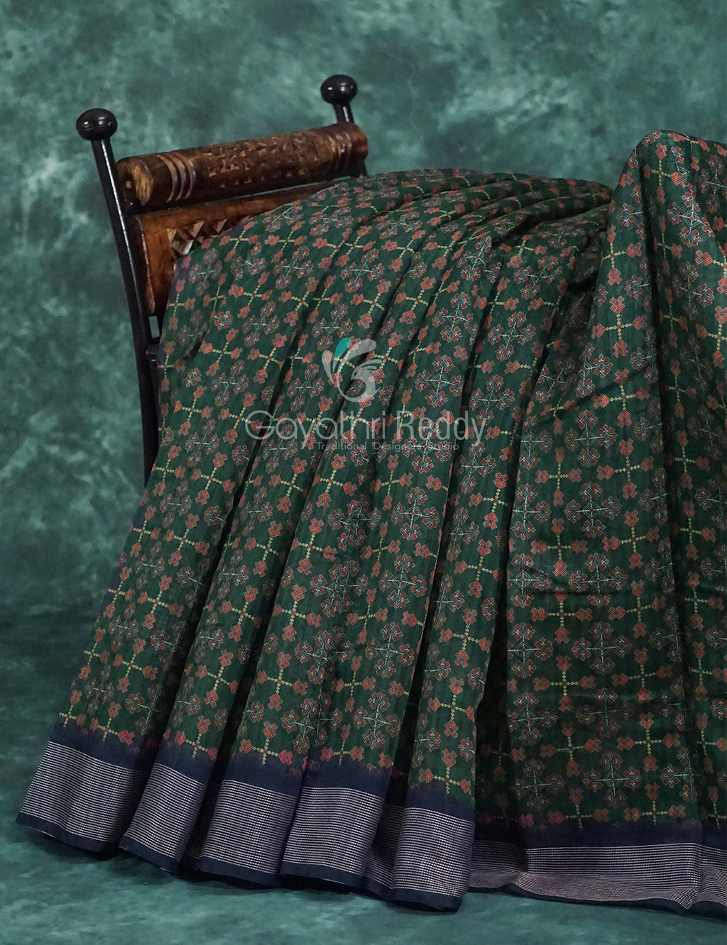Dark Green and Navy Blue Geometrical Print Semi Chanderi Saree By Gayathri Reddy Designer Studio