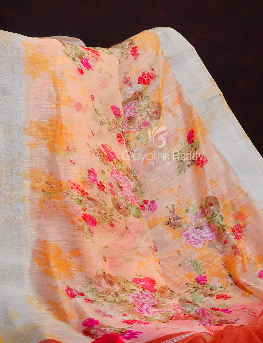 Shades of Baby Orange With Dark Orange Blouse Floral Design Semi Chanderi Saree By Gayathri Reddy Designer Studio