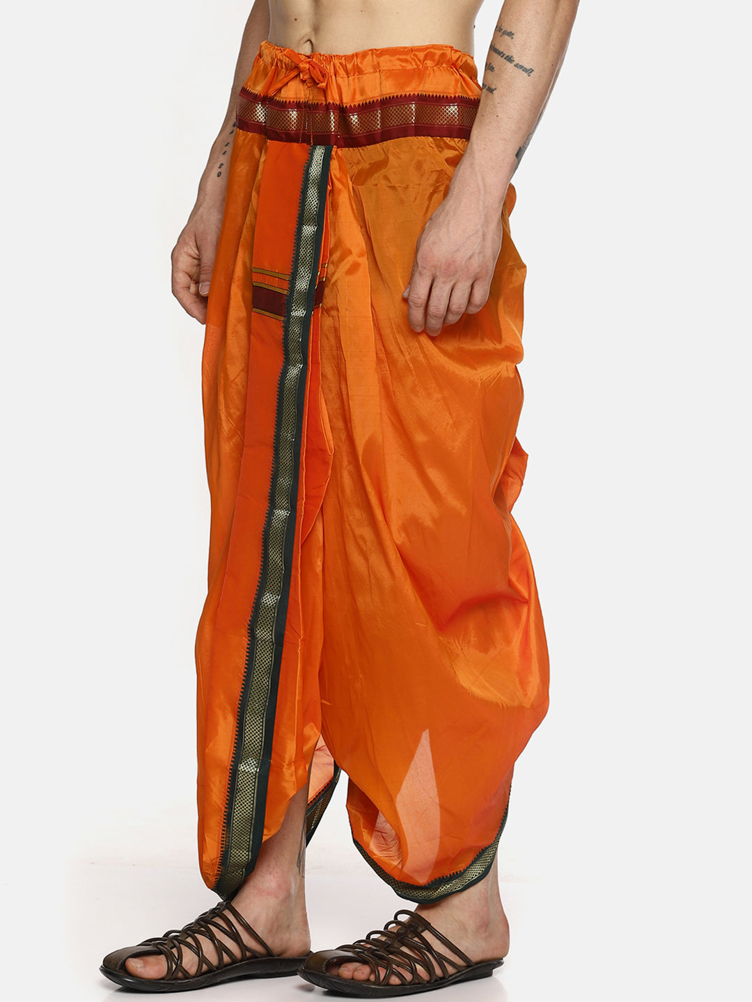 Sethukrishna Men Orange Solid Readymade Dhoti Pants With Angavastram