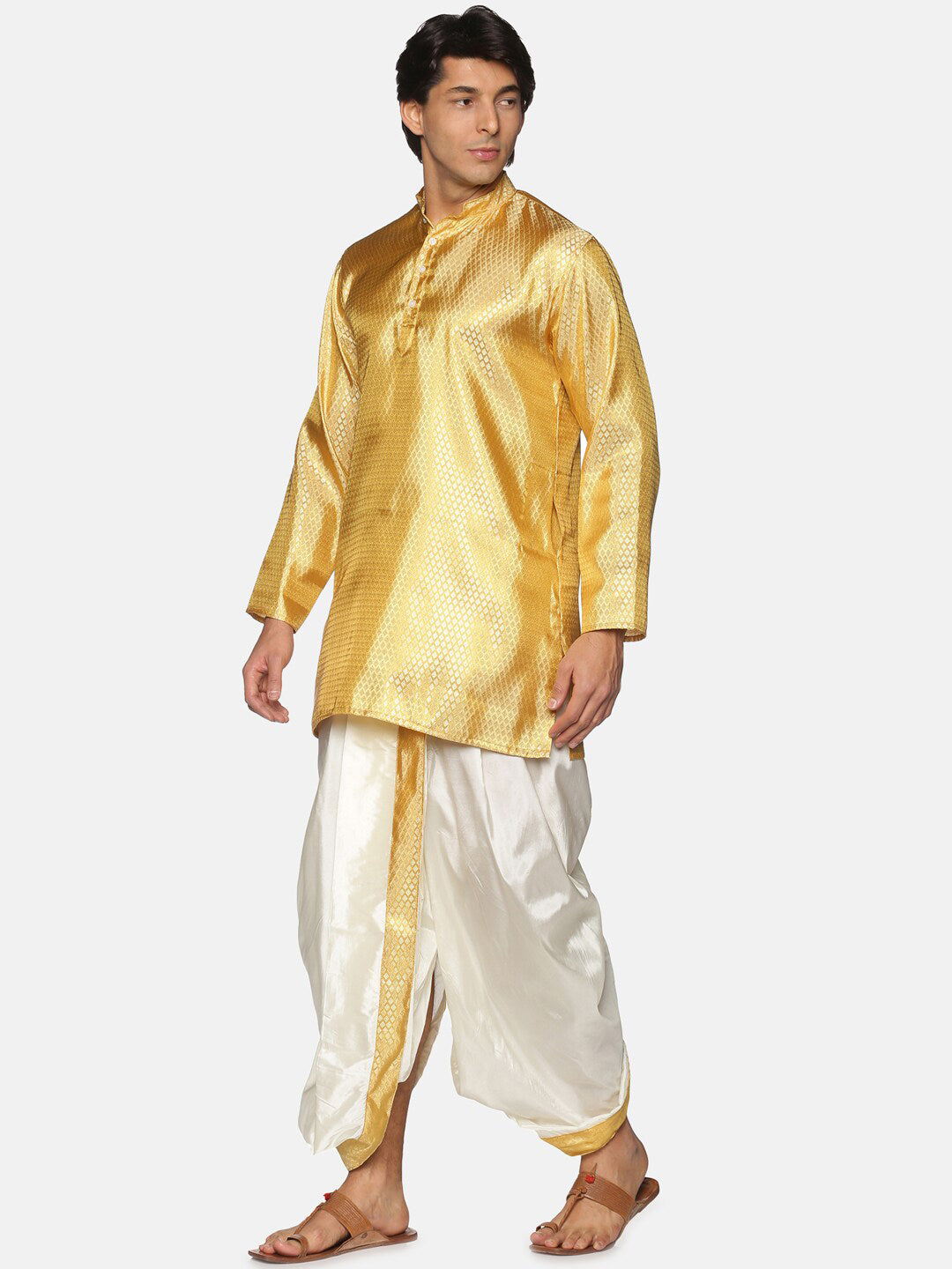 Sethukrishna Men Gold-Toned & White Kurta with Dhoti Pants