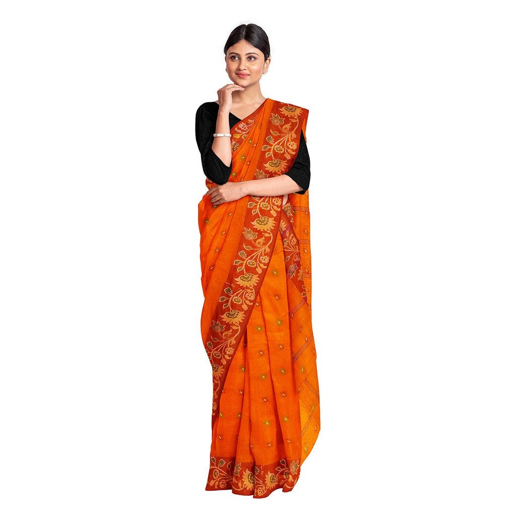 Exclusive Collection 100% Pure Cotton Orange Tant Saree With Hand Weaving Work