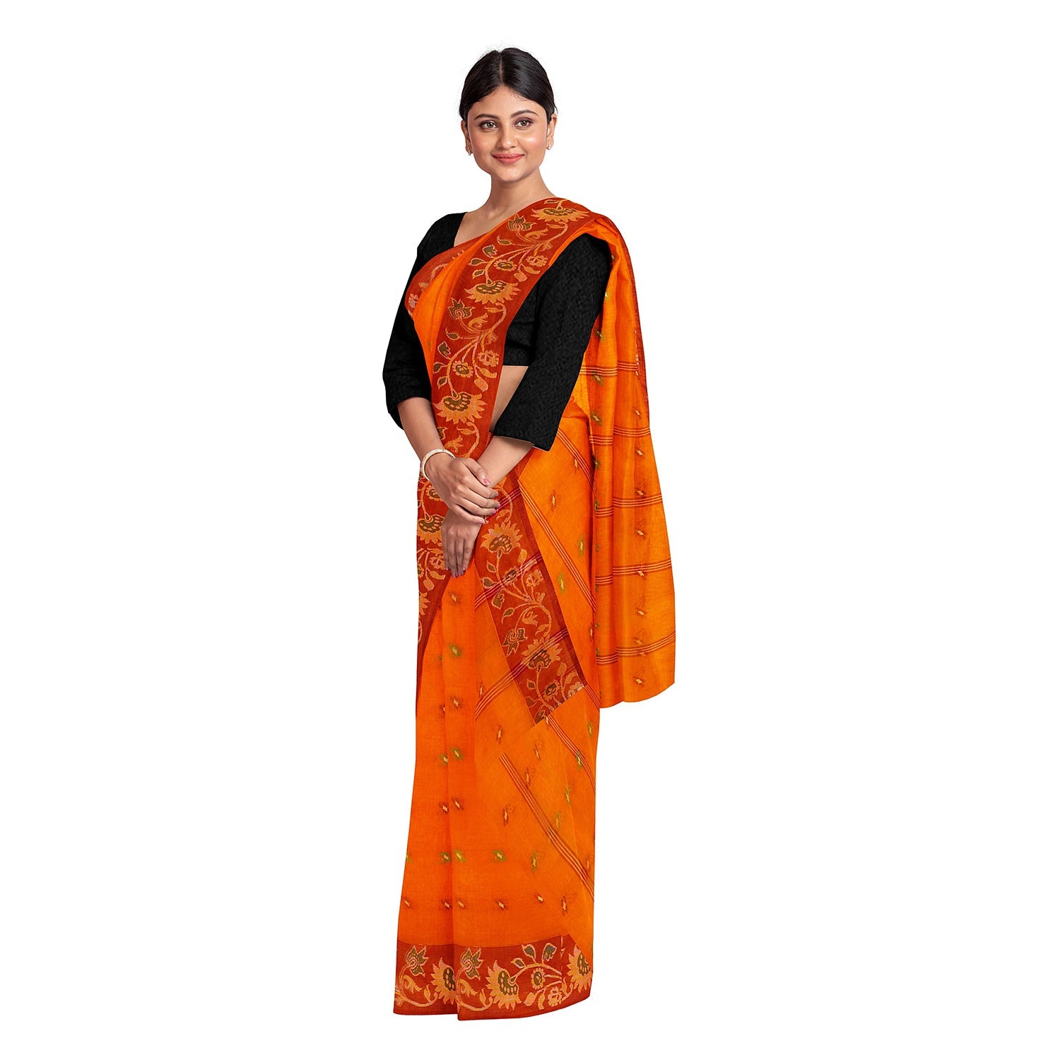Exclusive Collection 100% Pure Cotton Orange Tant Saree With Hand Weaving Work