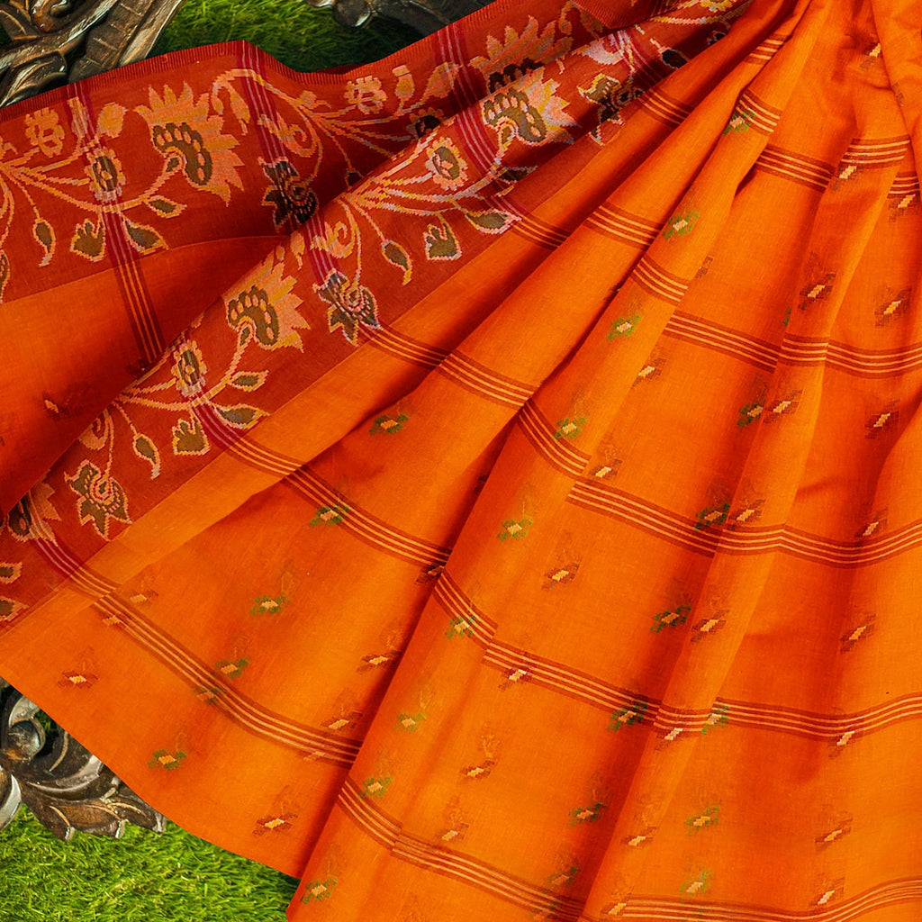 Exclusive Collection 100% Pure Cotton Orange Tant Saree With Hand Weaving Work
