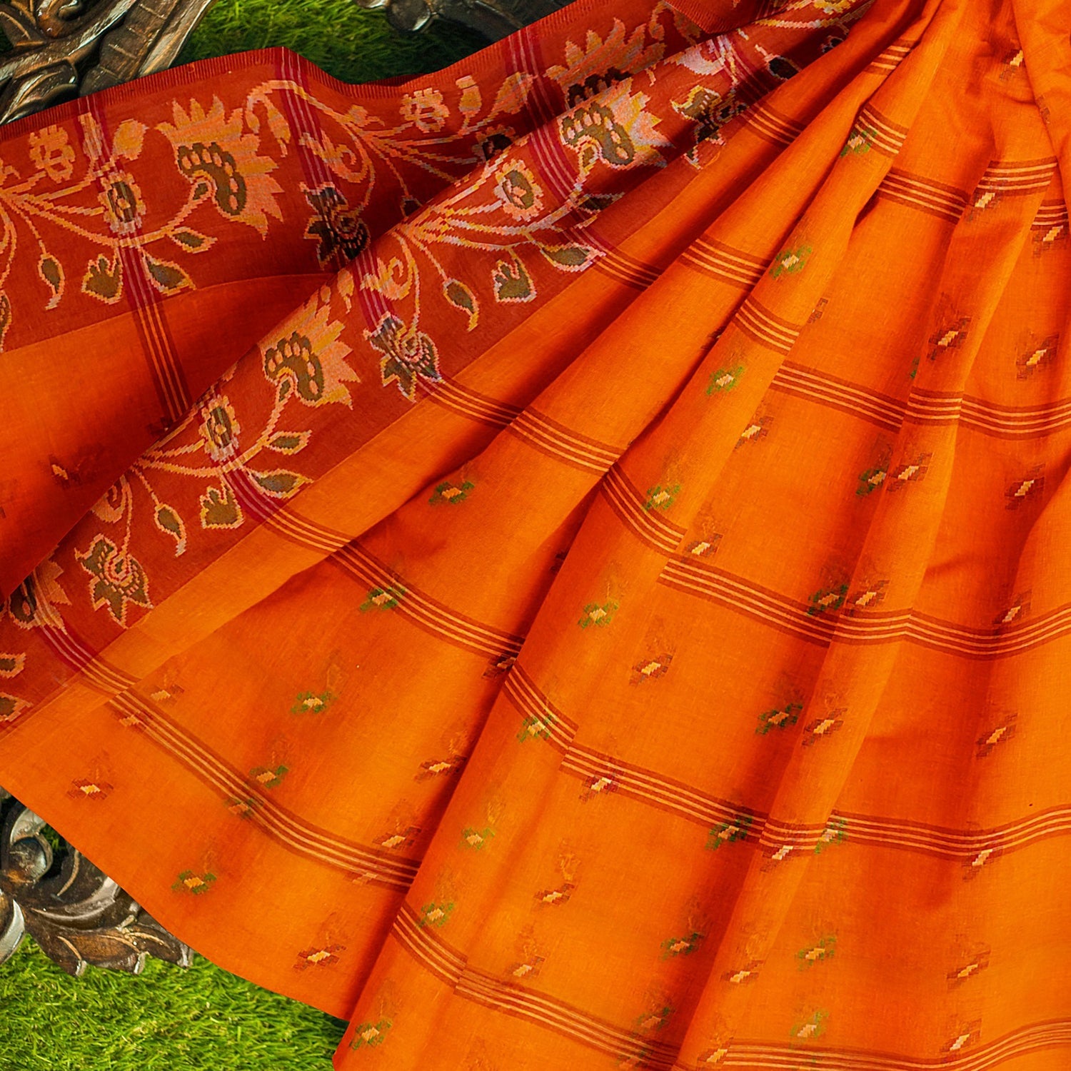 Exclusive Collection 100% Pure Cotton Orange Tant Saree With Hand Weaving Work