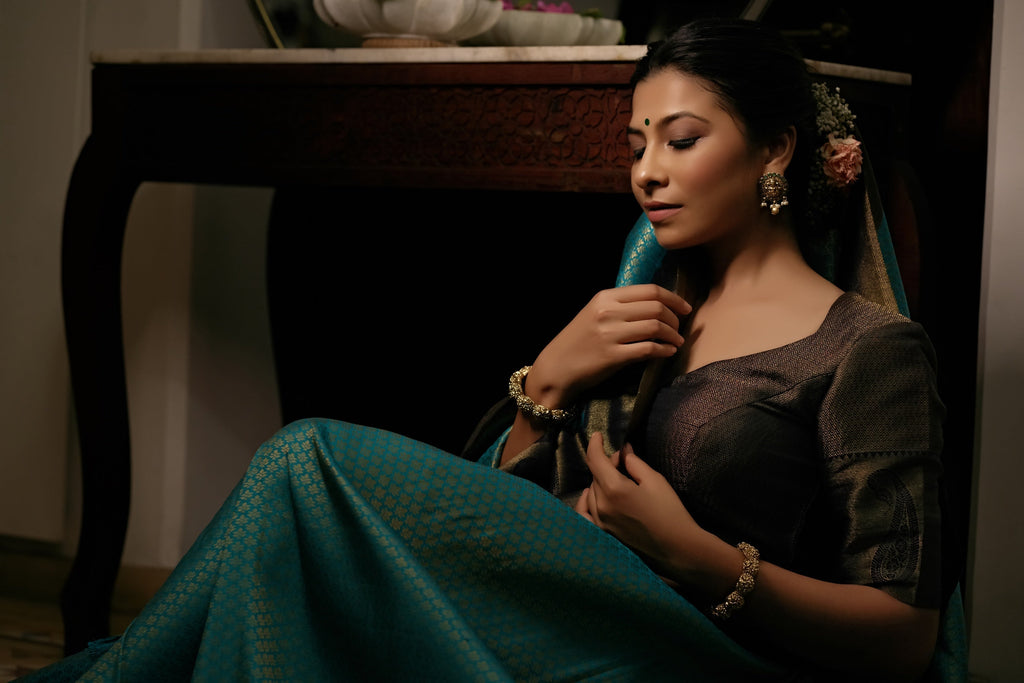 Vardha Turquoise Blue Golden Zari Kanjeevaram Silk Saree
