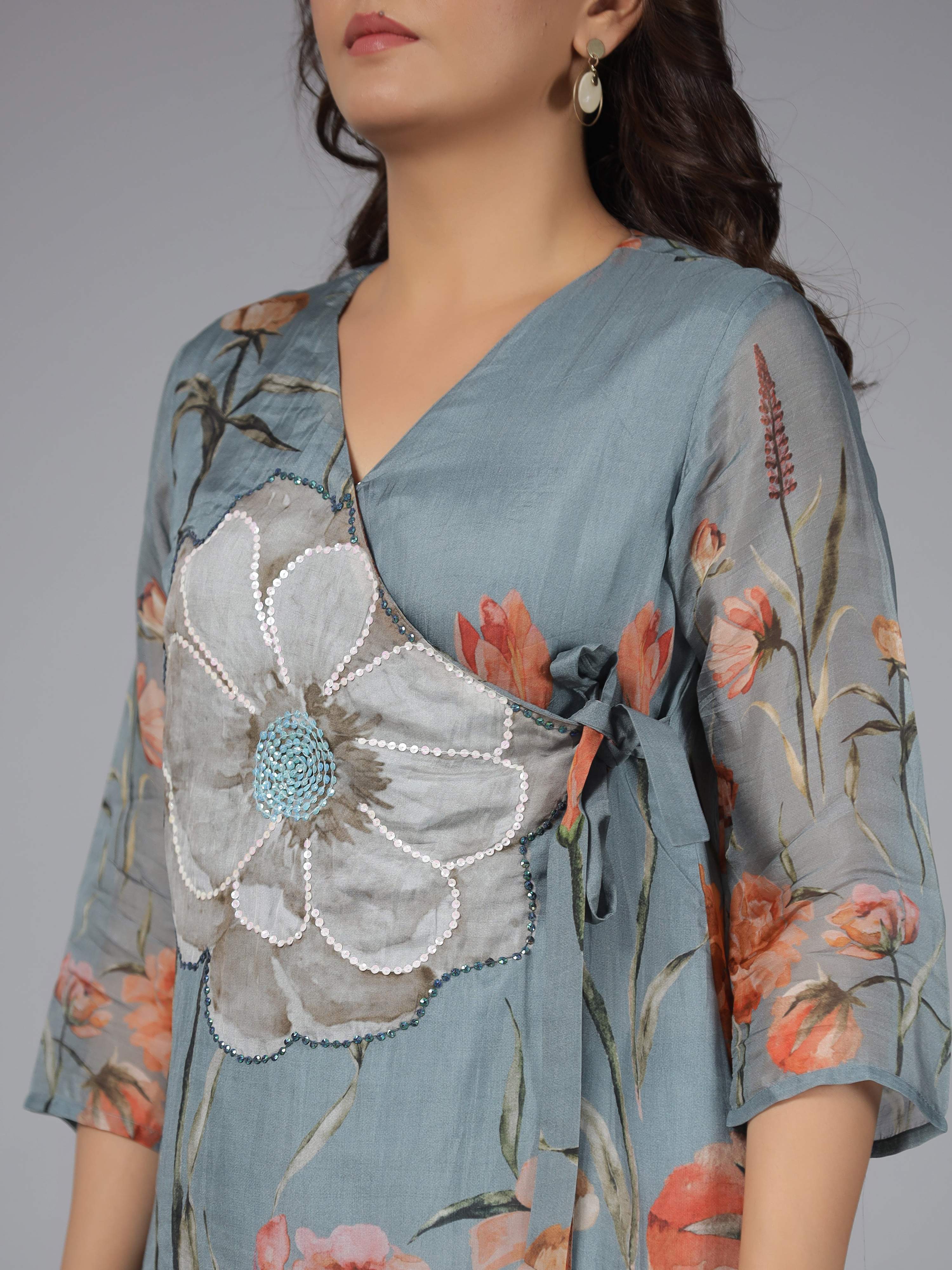 Juniper Women Grey Organza Printed Clothing Set