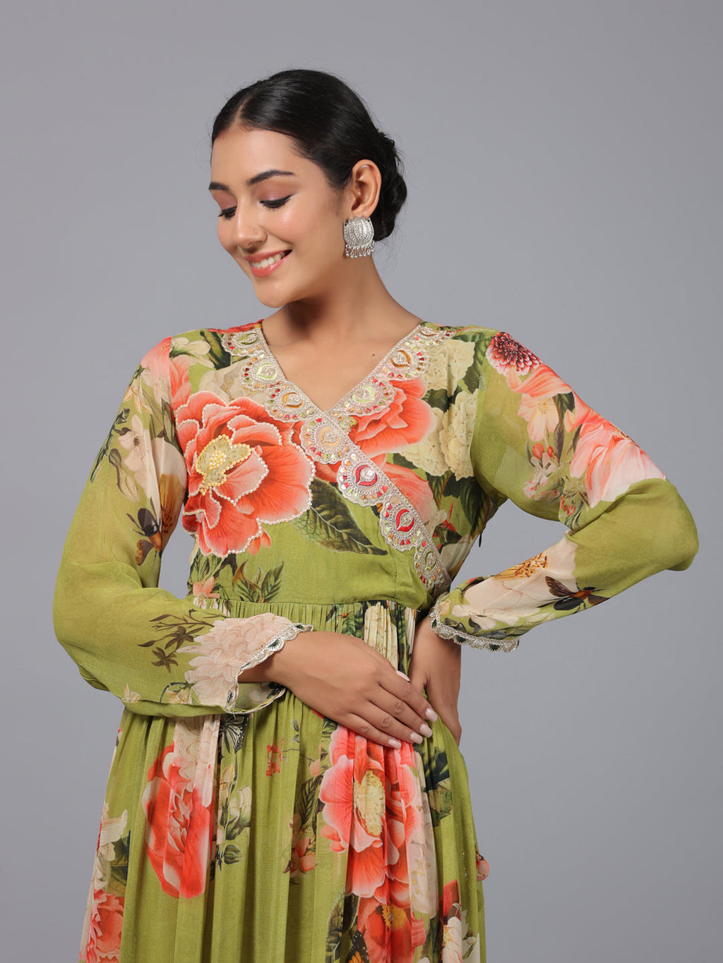 Juniper Women Green Georgette Printed Maxi Dress