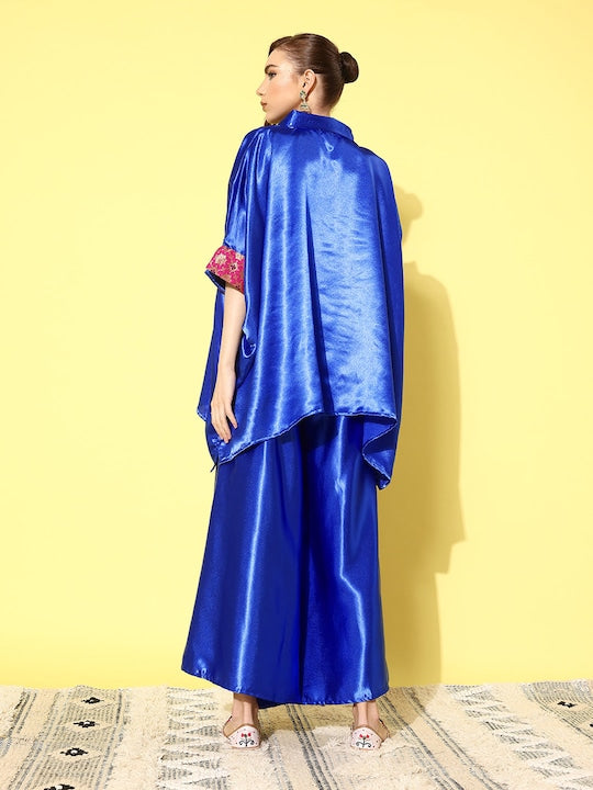 InWeave Women's Blue Pink Brocade Satin Boho Kurta Palazzo Set