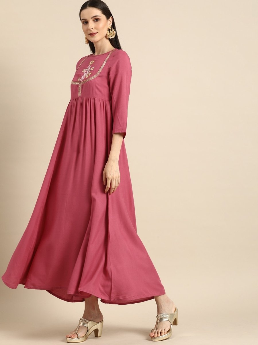 All About You Women Rust Pink Ethnic Motifs Yoke Design Thread Work Kurta with Dupatta