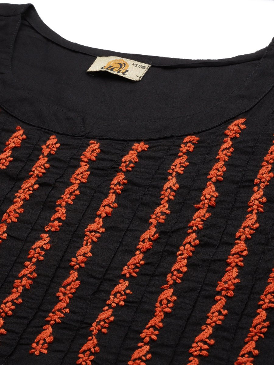 ADA Women Black & Orange Ethnic Motifs Embroidered Chikankari Kurta