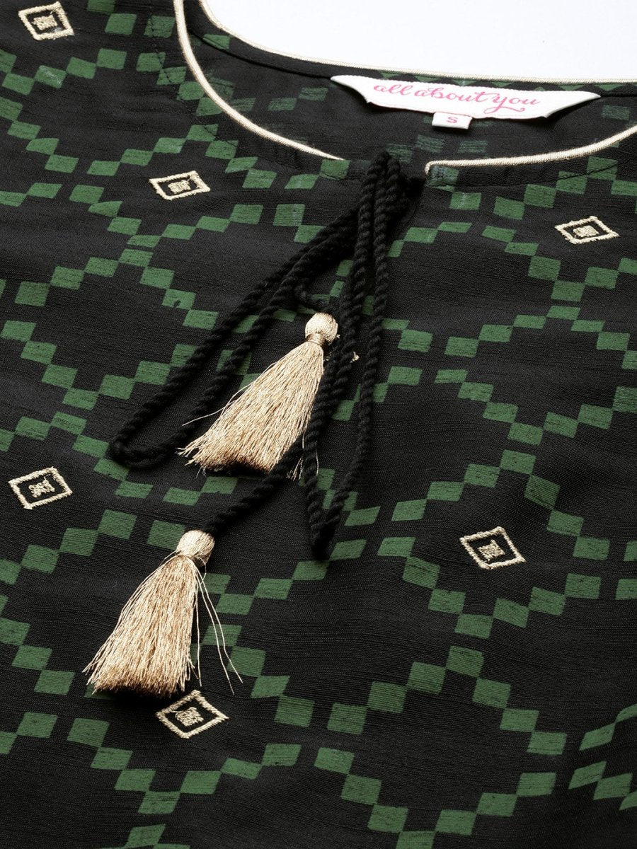 All About You Women Black & Green Printed Kurta with Trousers