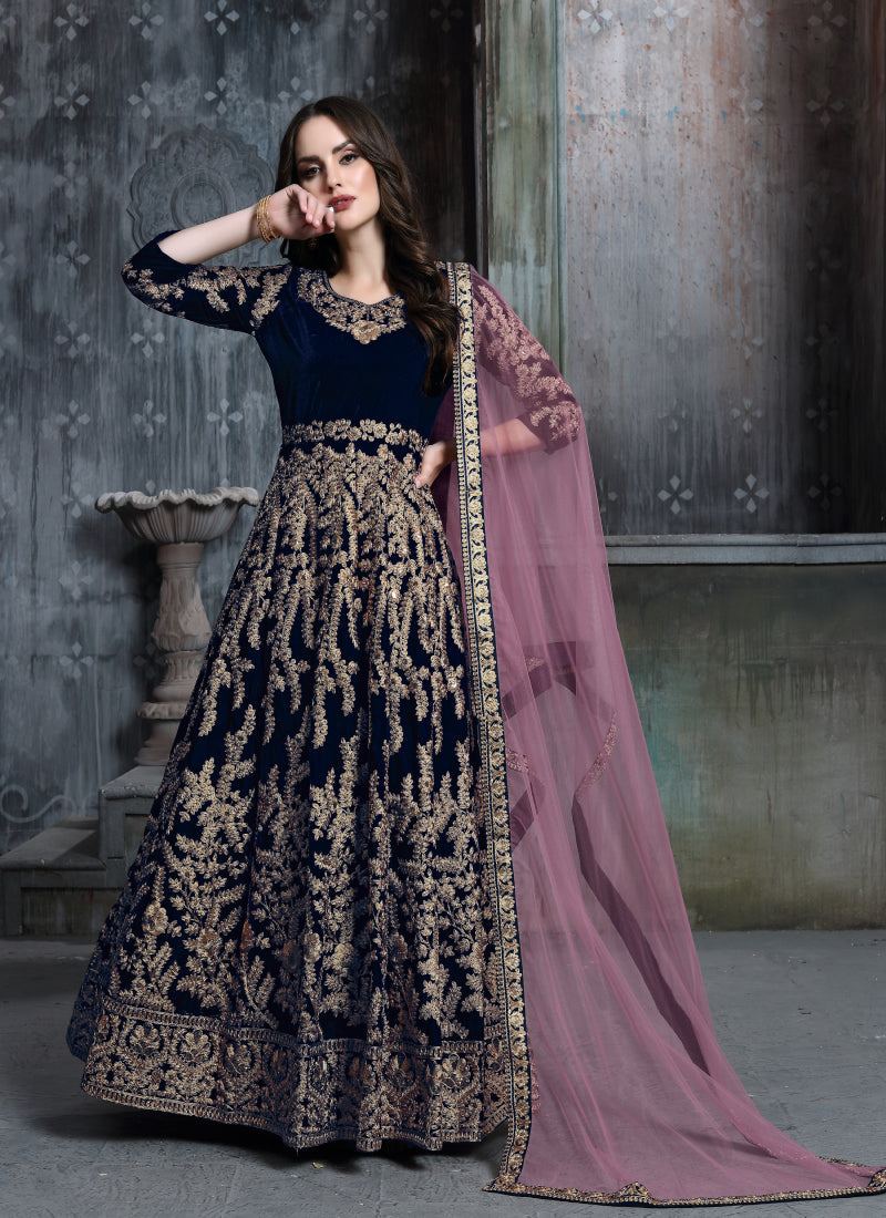 Monjolika Fashion Stunning Dark Green Color Velvet Embroidery Patiala Suit