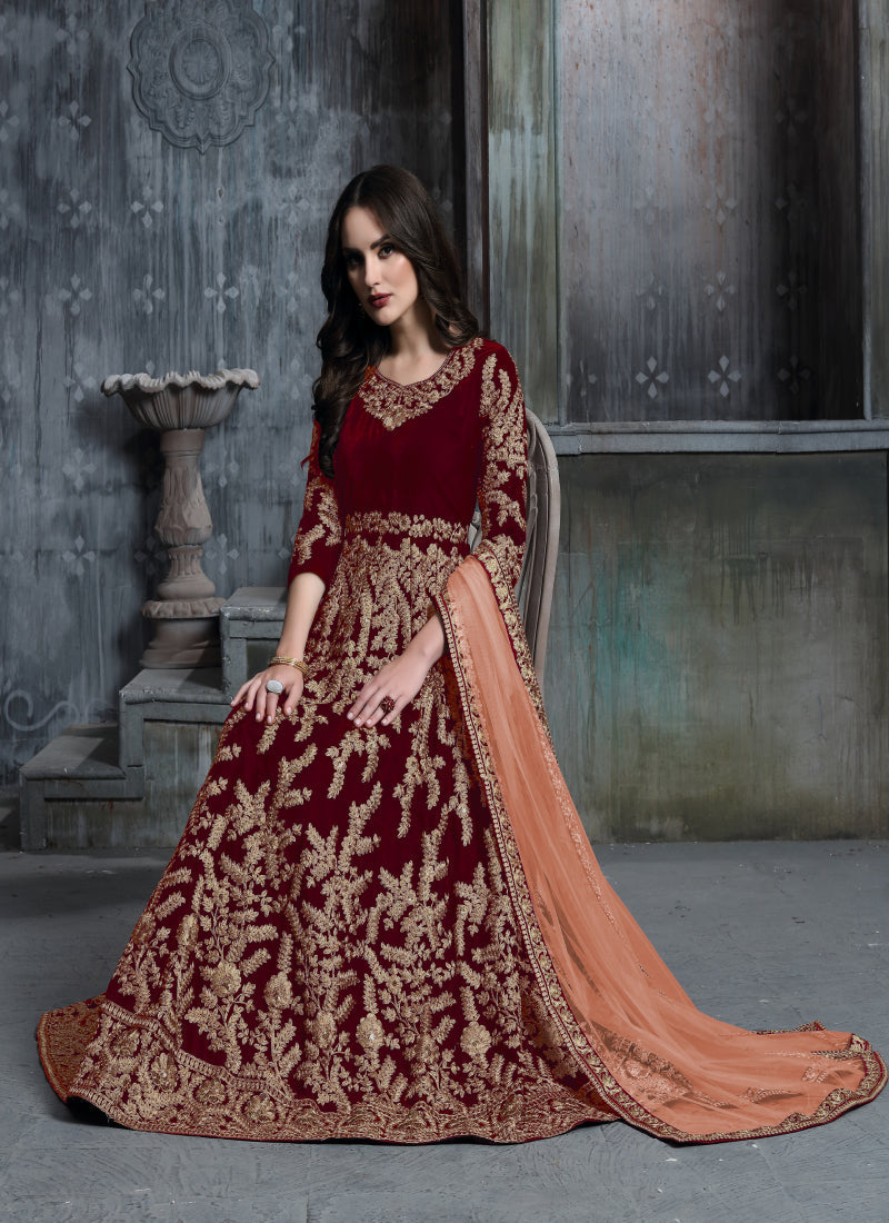 Monjolika Fashion Stunning Maroon Color Velvet Embroidery Patiala Suit