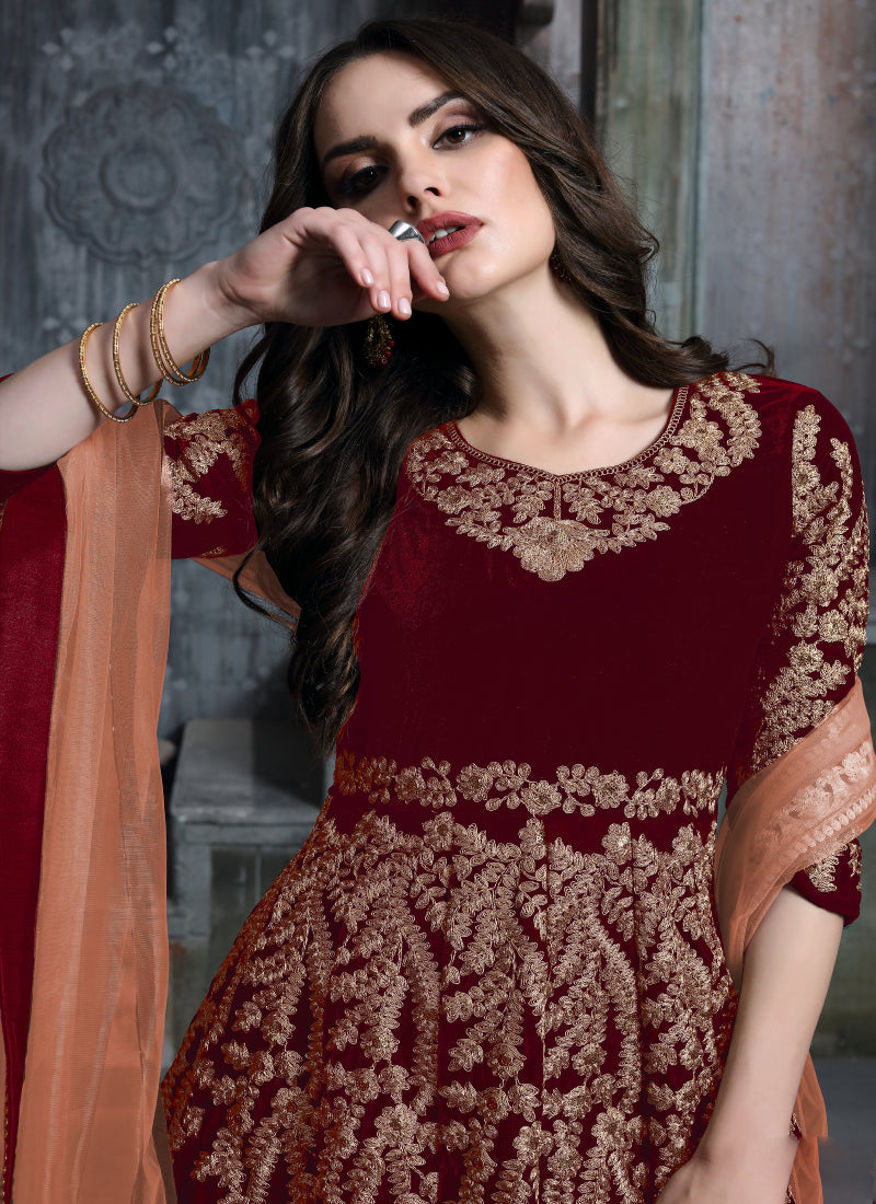 Monjolika Fashion Stunning Maroon Color Velvet Embroidery Patiala Suit