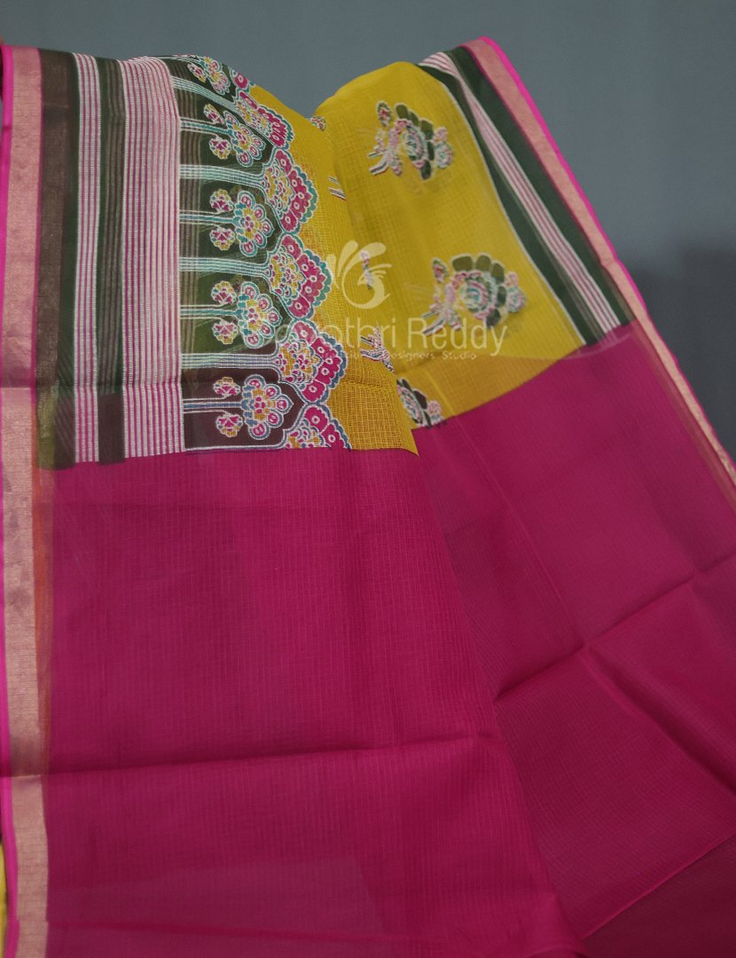 Shades of Dry Mehendi With Block Design Pure Kota Cotton Saree By Gayathri Reddy Designer Studio