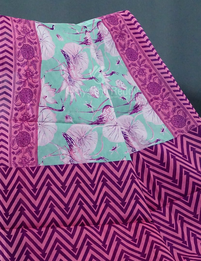 Block Print Mint Blue Coloured Mulmul Cotton Saree By Gayathri Reddy Designer Studio