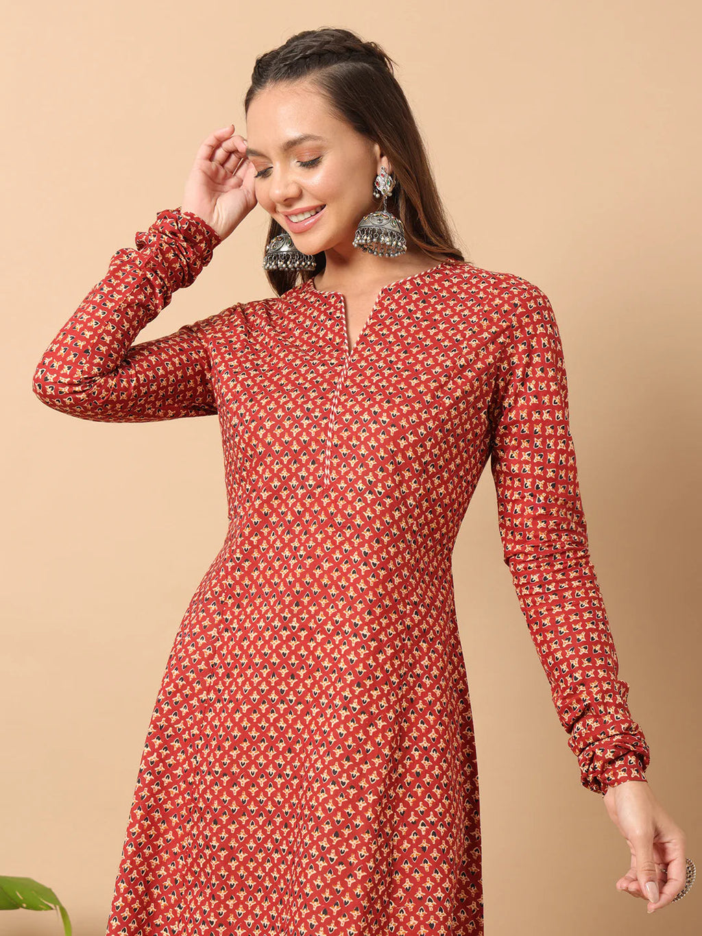FIORRA Women's Floral Printed Red Cotton A-Line Kurta