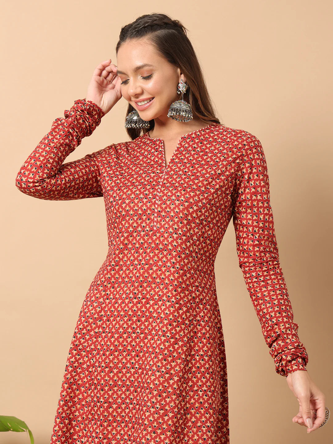 FIORRA Women's Floral Printed Red Cotton A-Line Kurta