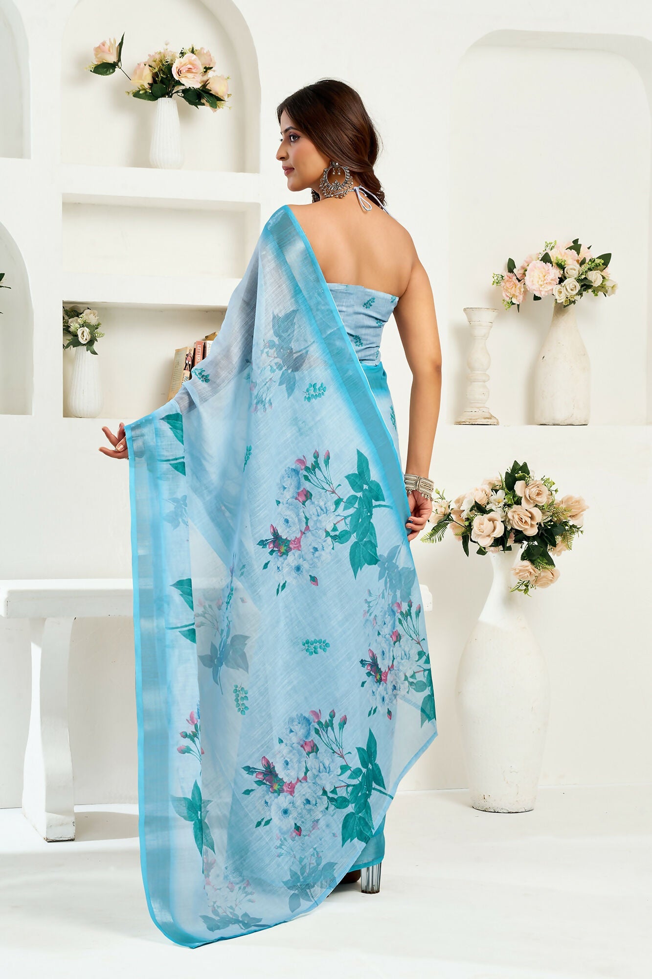 Vastranavya Sea Blue Digital Printed Linen Ready To Wear Designer Saree with Unstitched Blouse