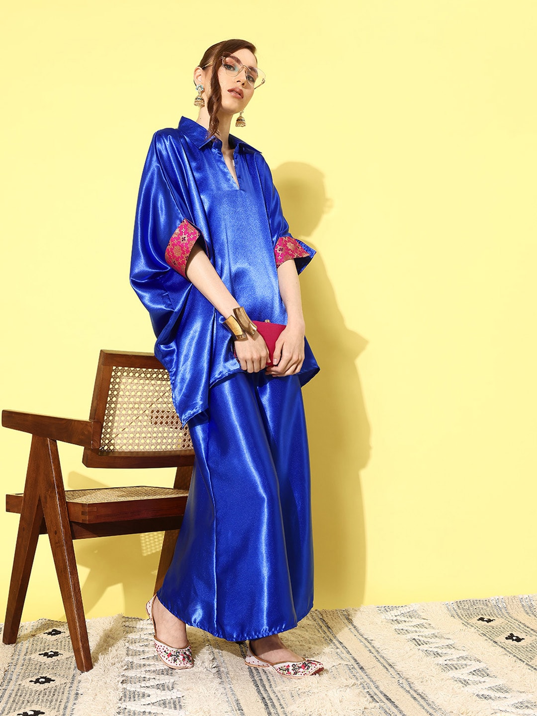 InWeave Women's Blue Pink Brocade Satin Boho Kurta Palazzo Set