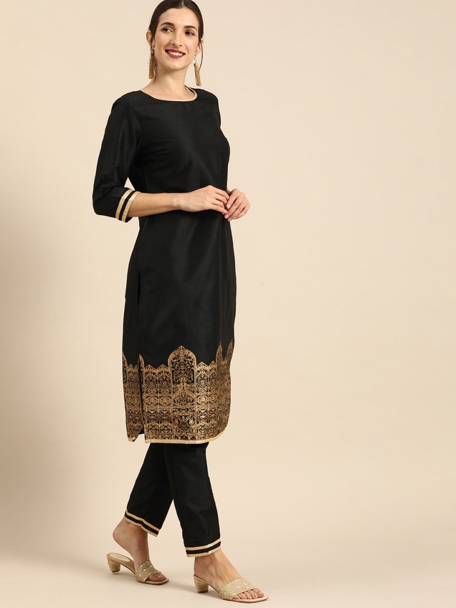 All About You Women Black & Gold Printed Regular Kurta with Trousers