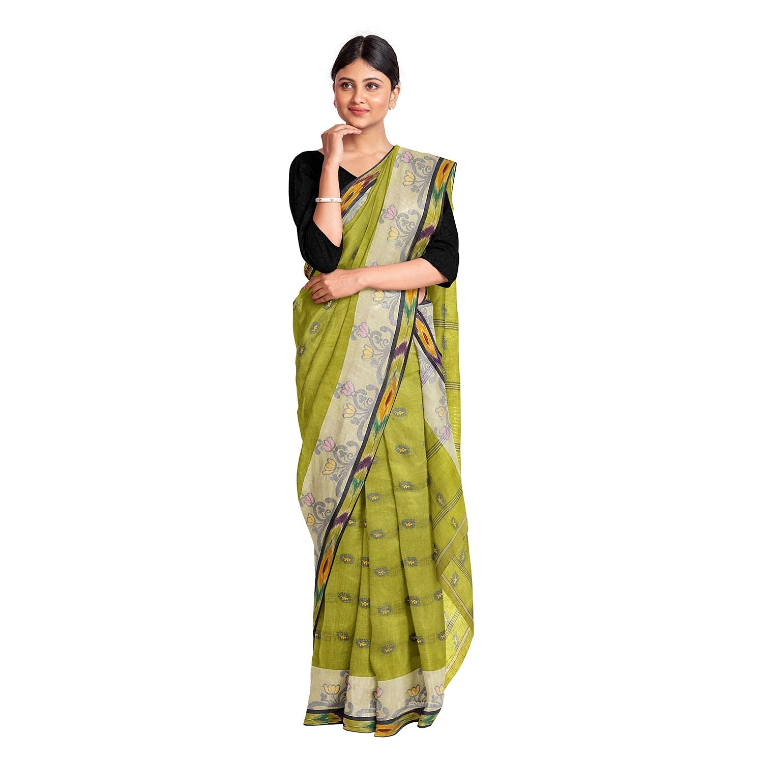Exclusive Collection 100% Pure Cotton Olive Tant Saree With Hand Weaving Work
