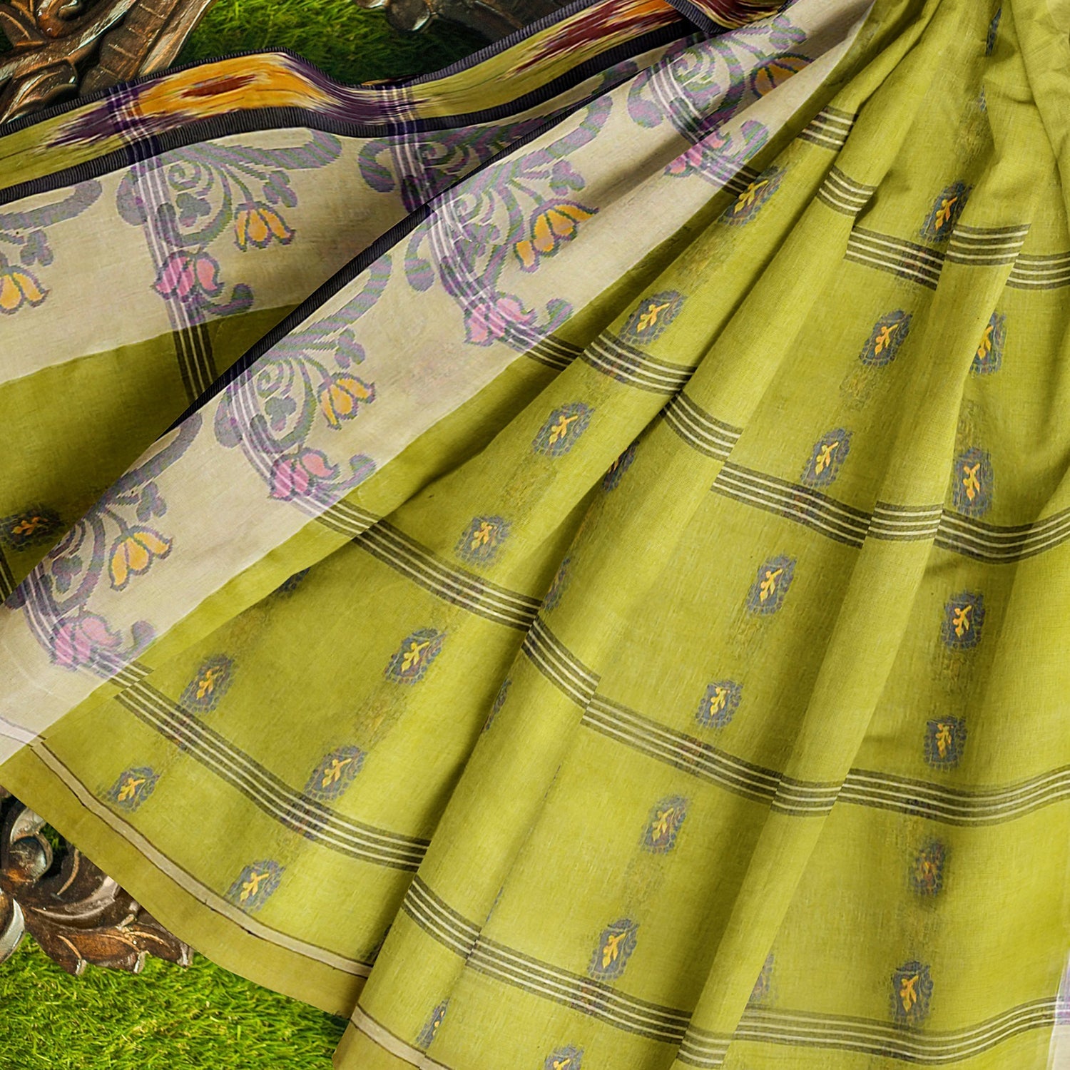 Exclusive Collection 100% Pure Cotton Olive Tant Saree With Hand Weaving Work
