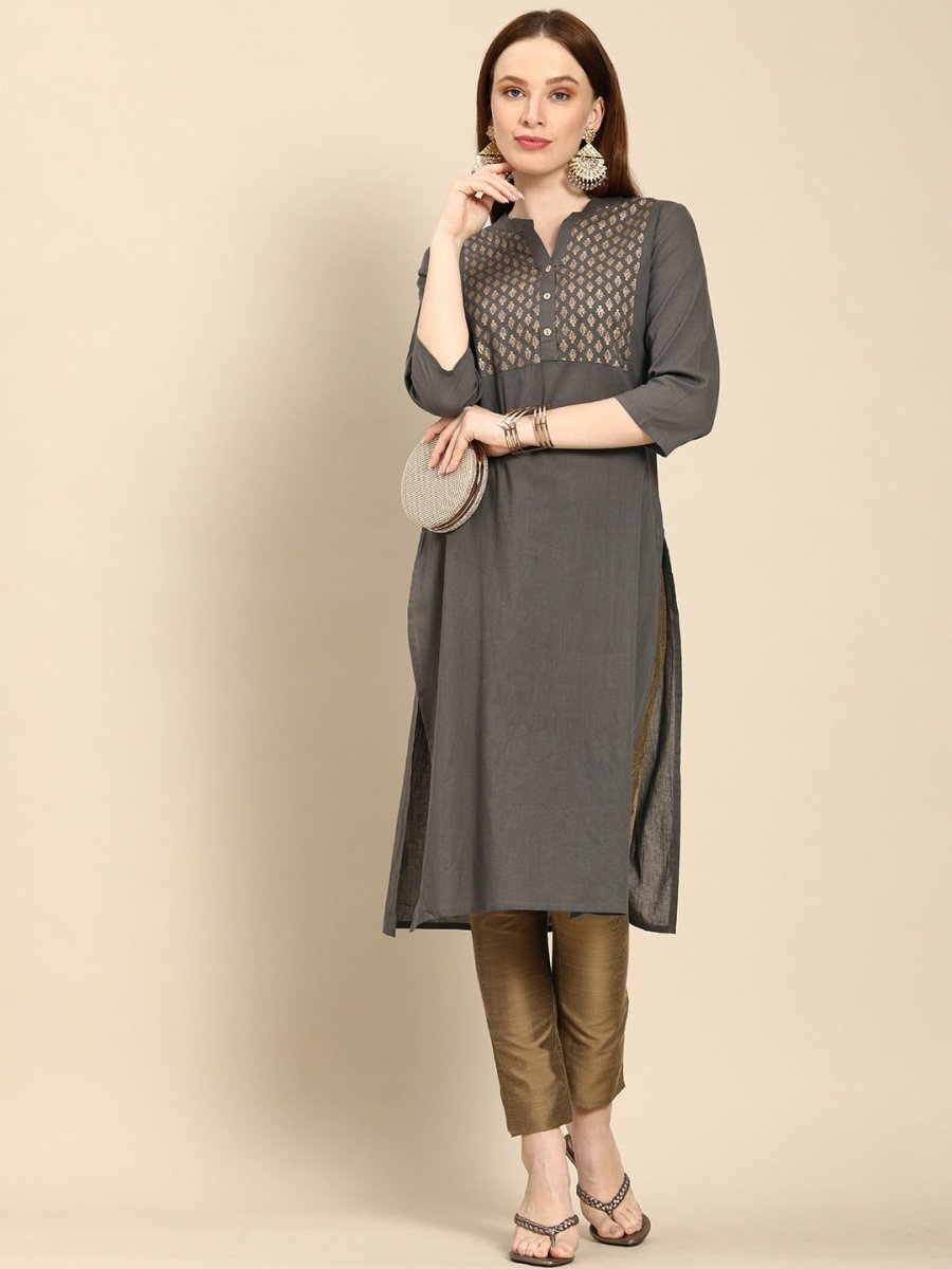 All About You Women Grey Ethnic Motifs Yoke Design Pure Cotton Kurta
