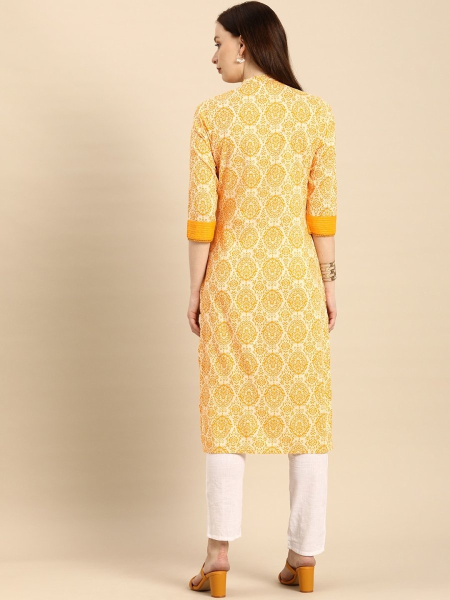 All About You Women Gold-Toned & White Printed Kurta