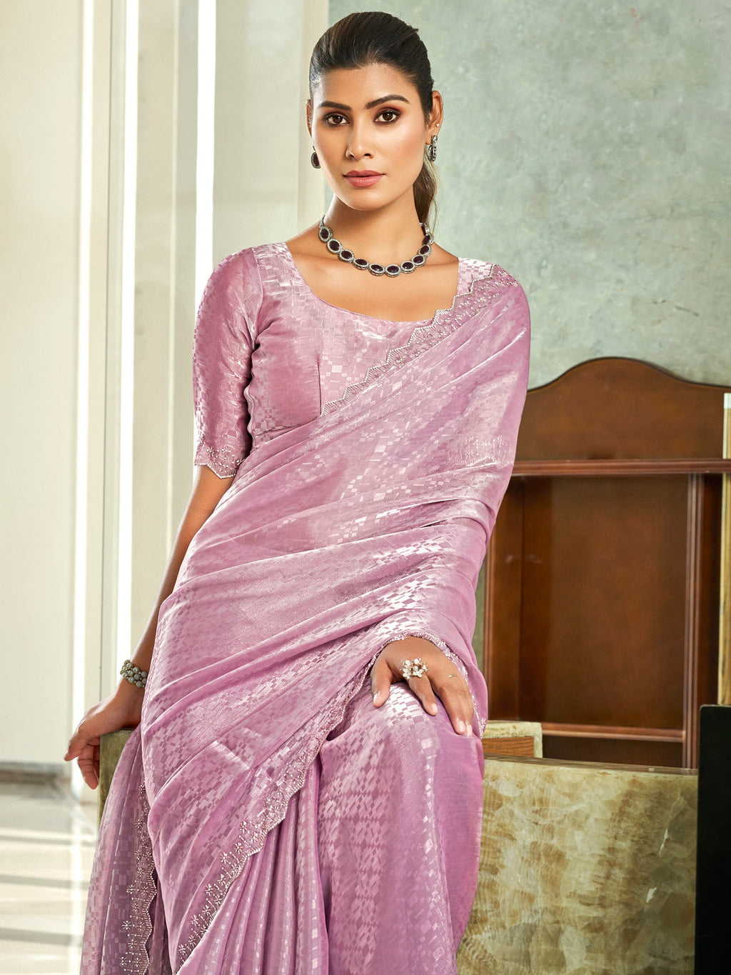 Stylee Lifestyle Pink Silk Blend Embellished Saree