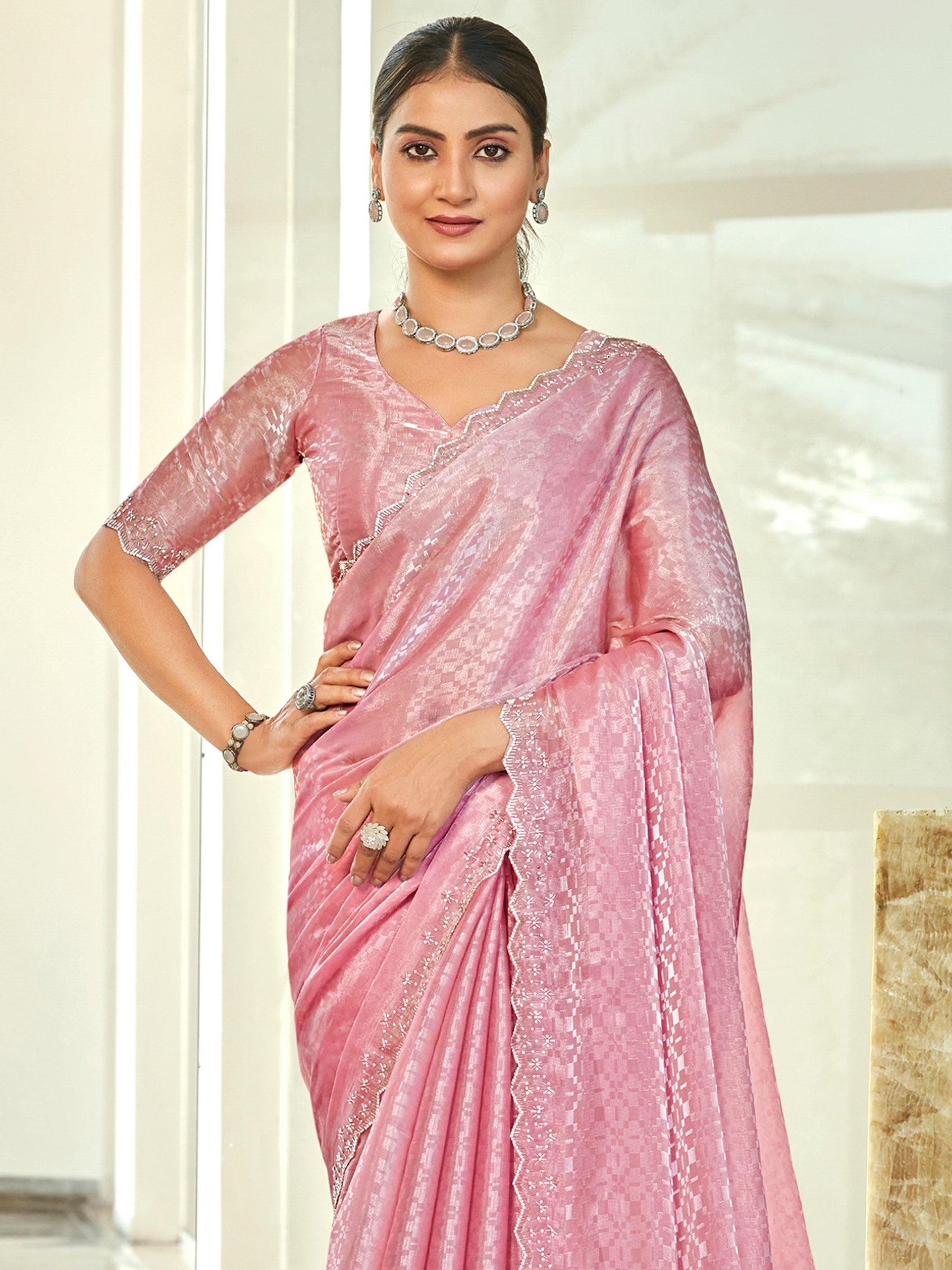 Stylee Lifestyle Pink Silk Blend Embellished Saree