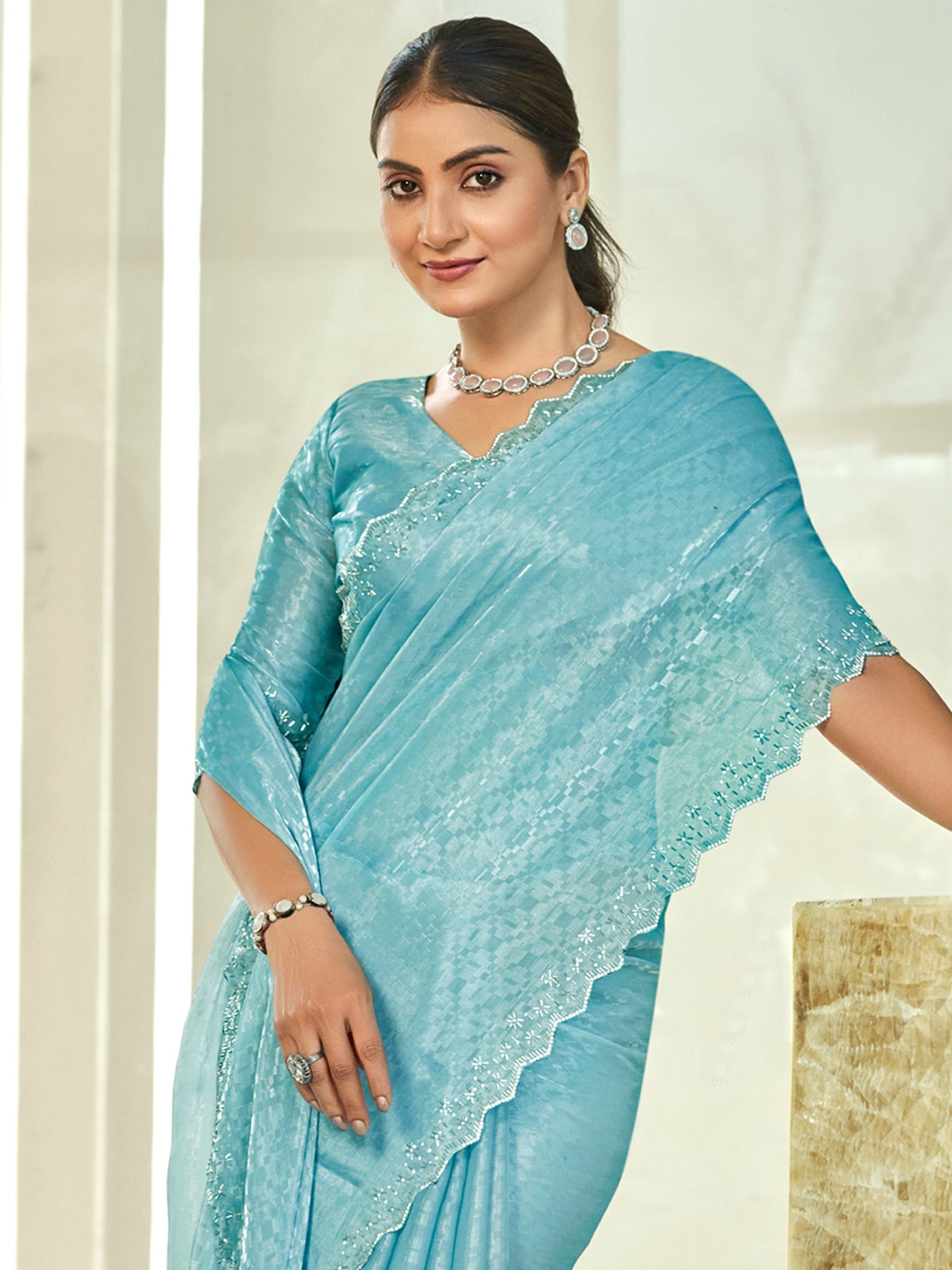 Stylee Lifestyle Sky Blue Silk Blend Embellished Saree