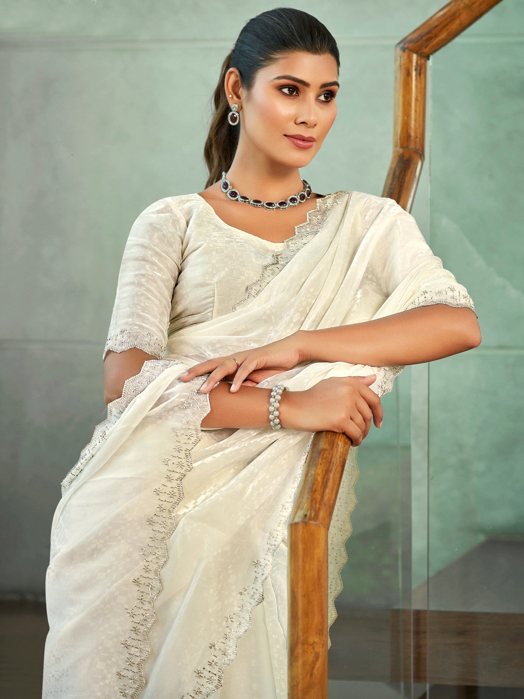 Stylee Lifestyle Cream Silk Blend Embellished Saree