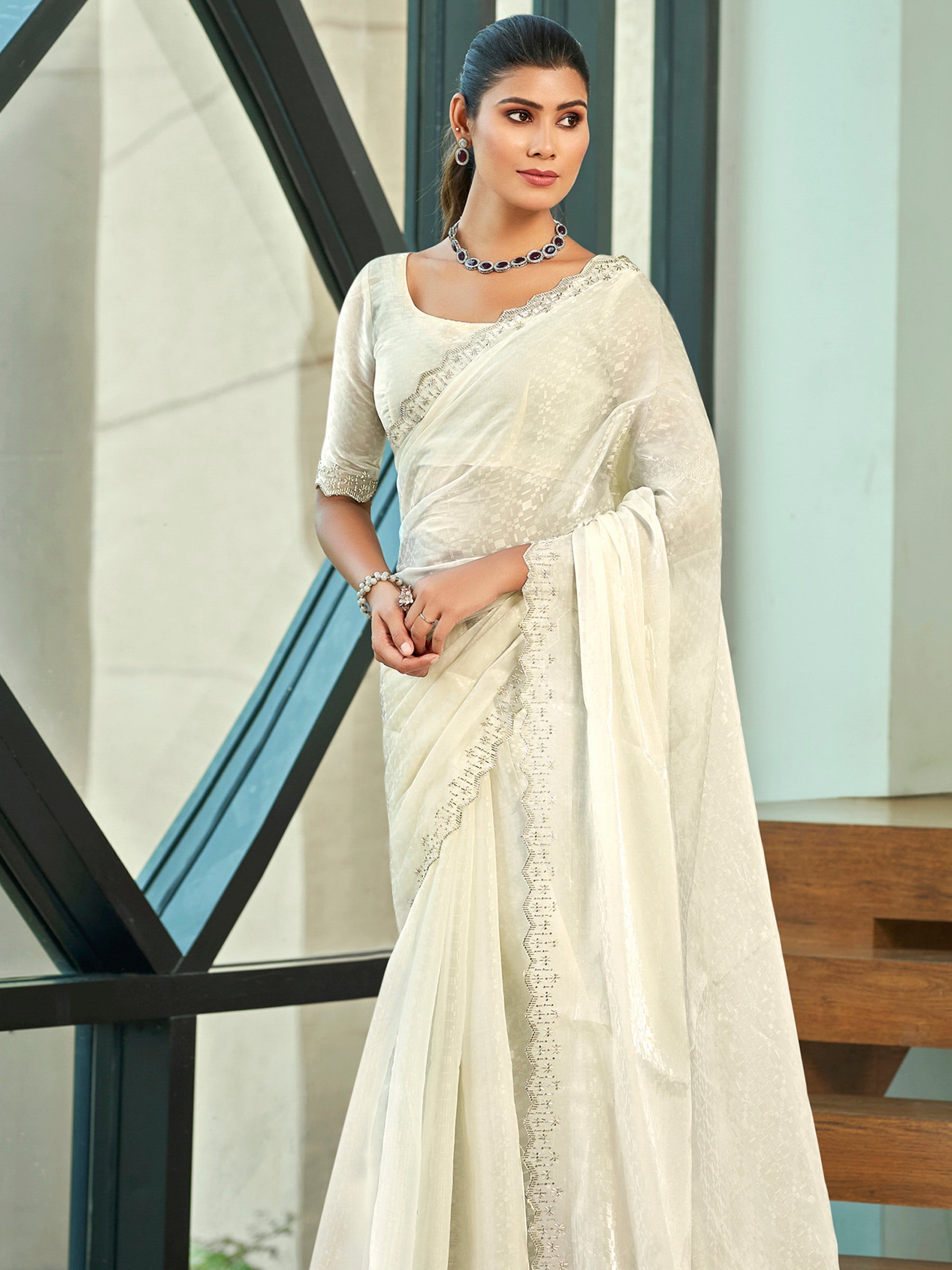 Stylee Lifestyle Cream Silk Blend Embellished Saree