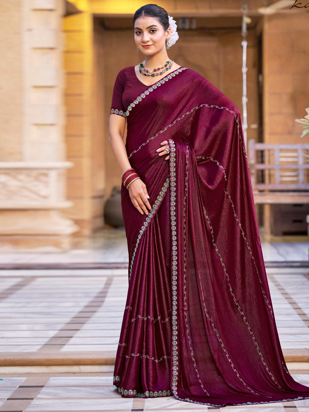 Stylee Lifestyle Maroon Shimmer Chiffon Embellished Saree