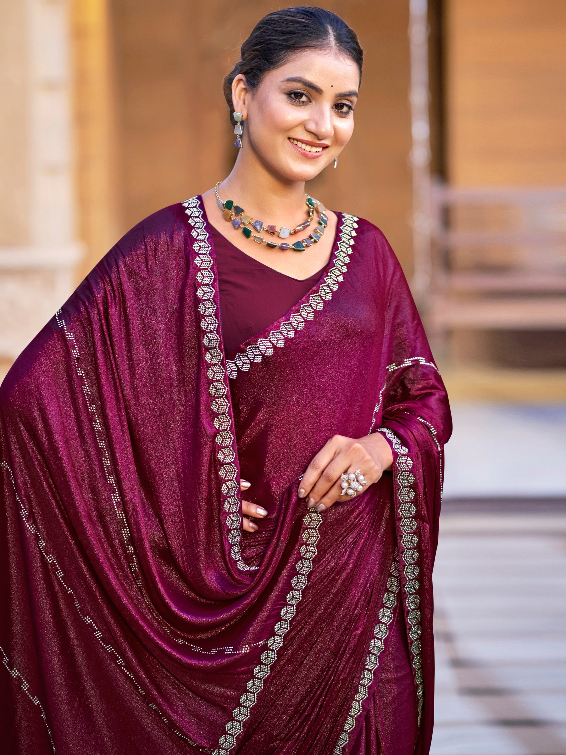 Stylee Lifestyle Maroon Shimmer Chiffon Embellished Saree