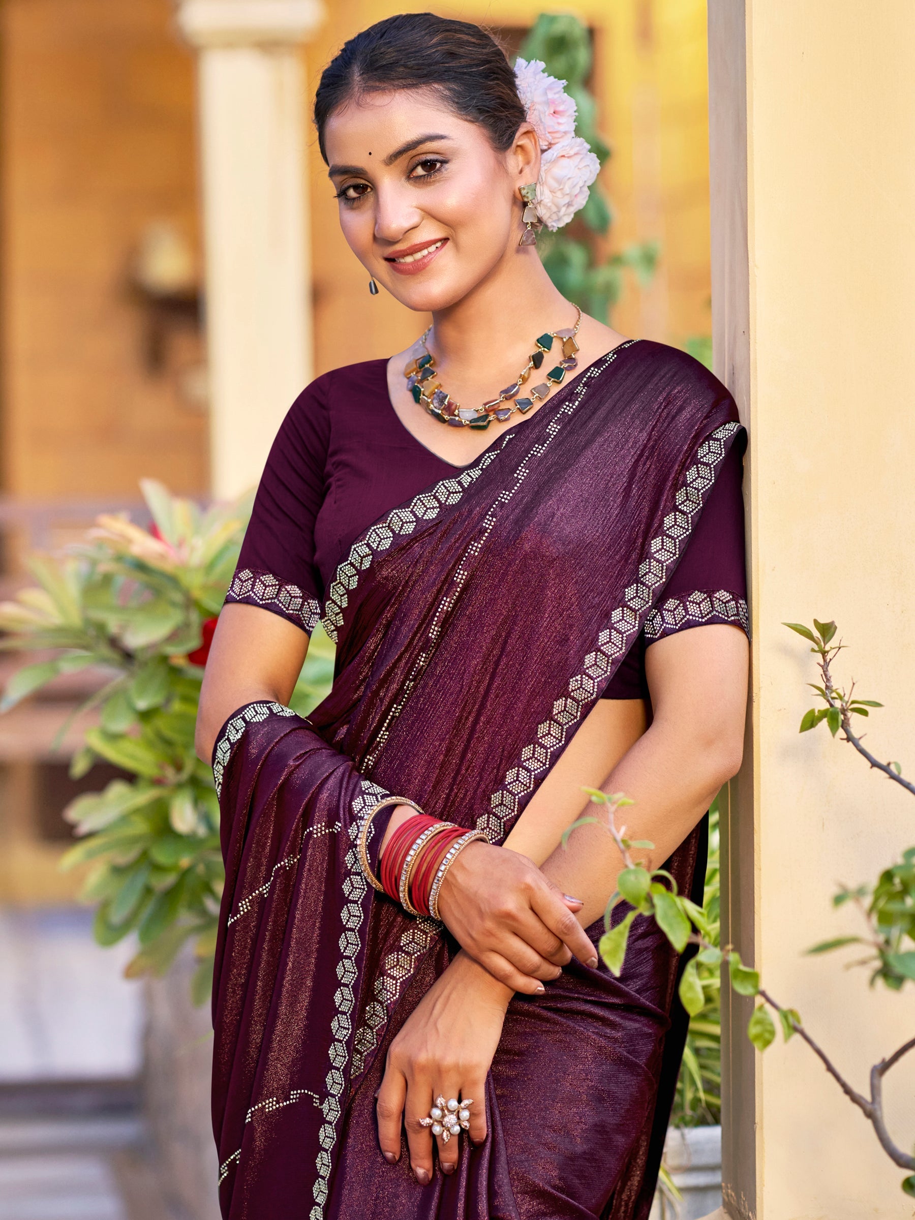 Stylee Lifestyle Wine Shimmer Chiffon Embellished Saree