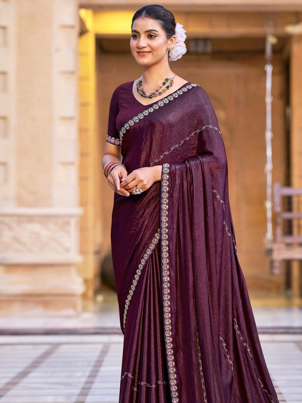 Stylee Lifestyle Wine Shimmer Chiffon Embellished Saree
