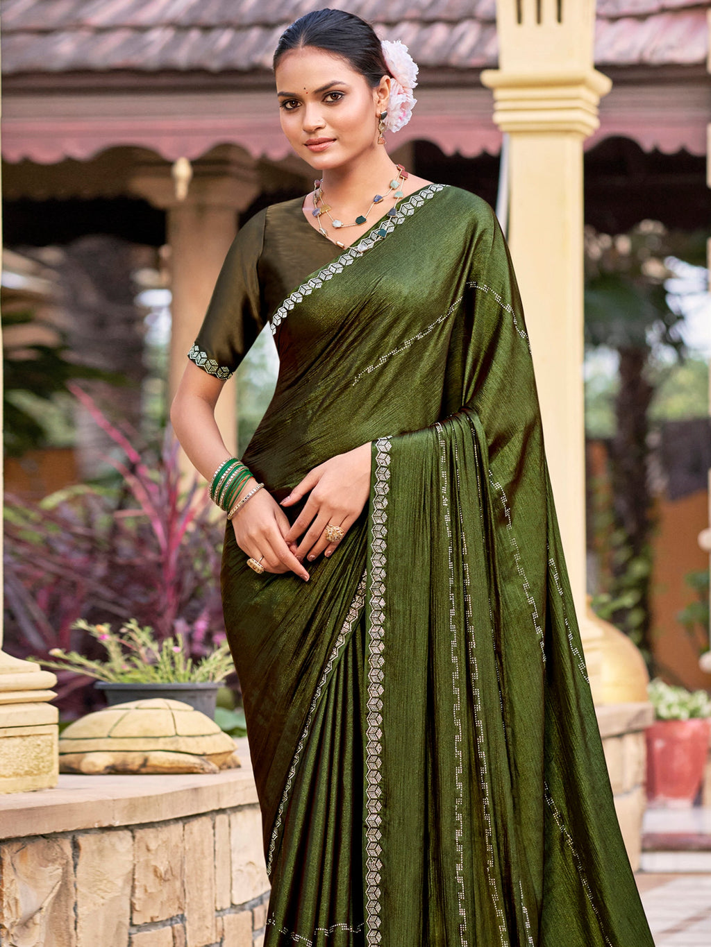 Stylee Lifestyle Olive Shimmer Chiffon Embellished Saree