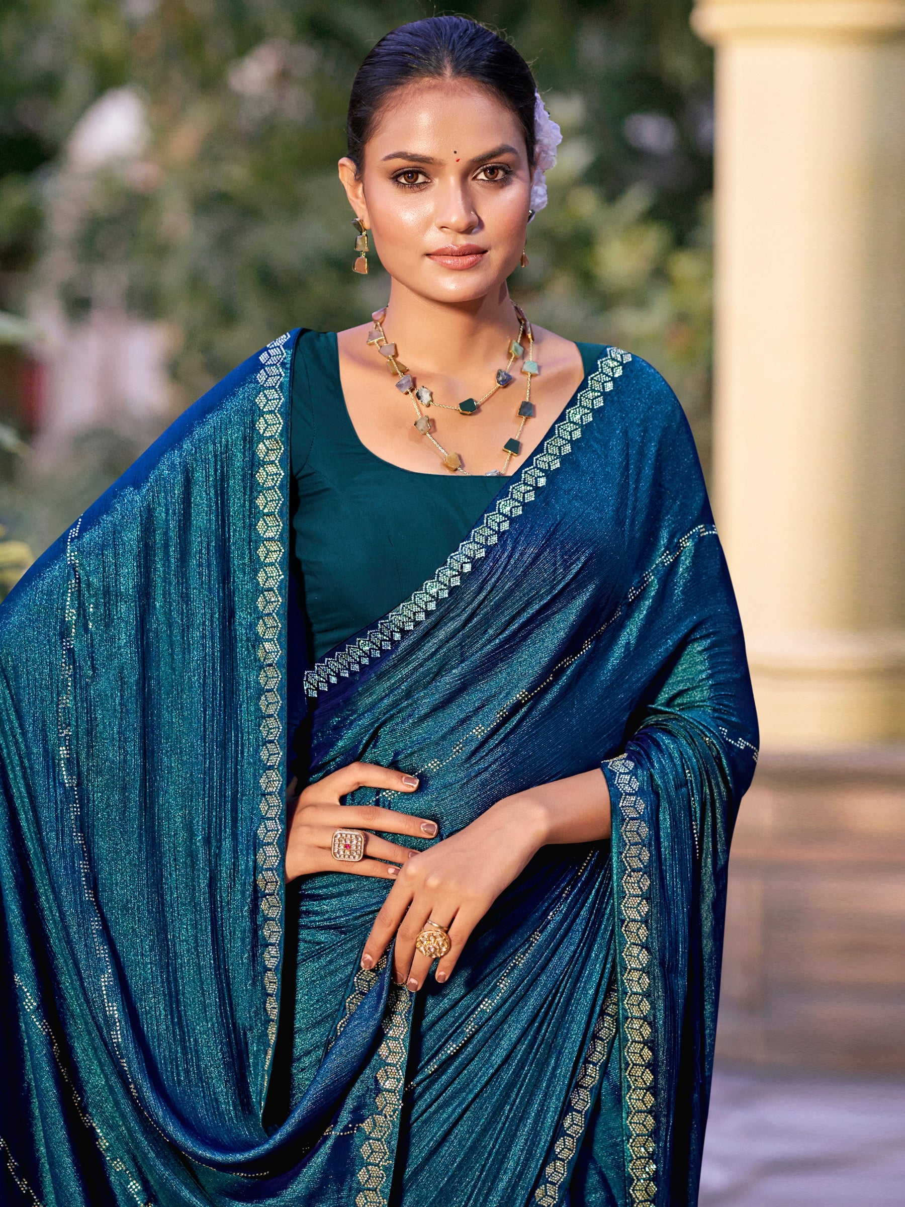 Stylee Lifestyle Teal Shimmer Chiffon Embellished Saree