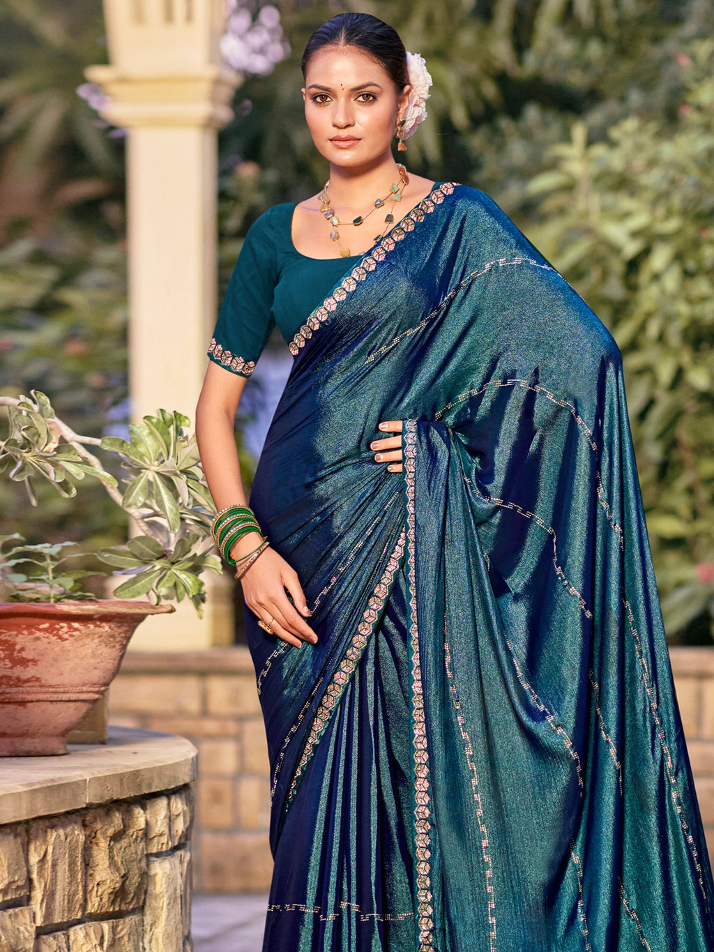 Stylee Lifestyle Teal Shimmer Chiffon Embellished Saree